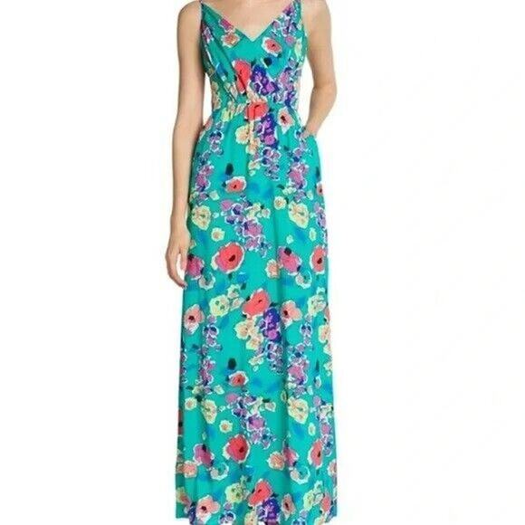 Yumi Kim Cleo Abstract Floral Maxi Dress Size Small Green Spaghetti Strap Pocket - Picture 11 of 11